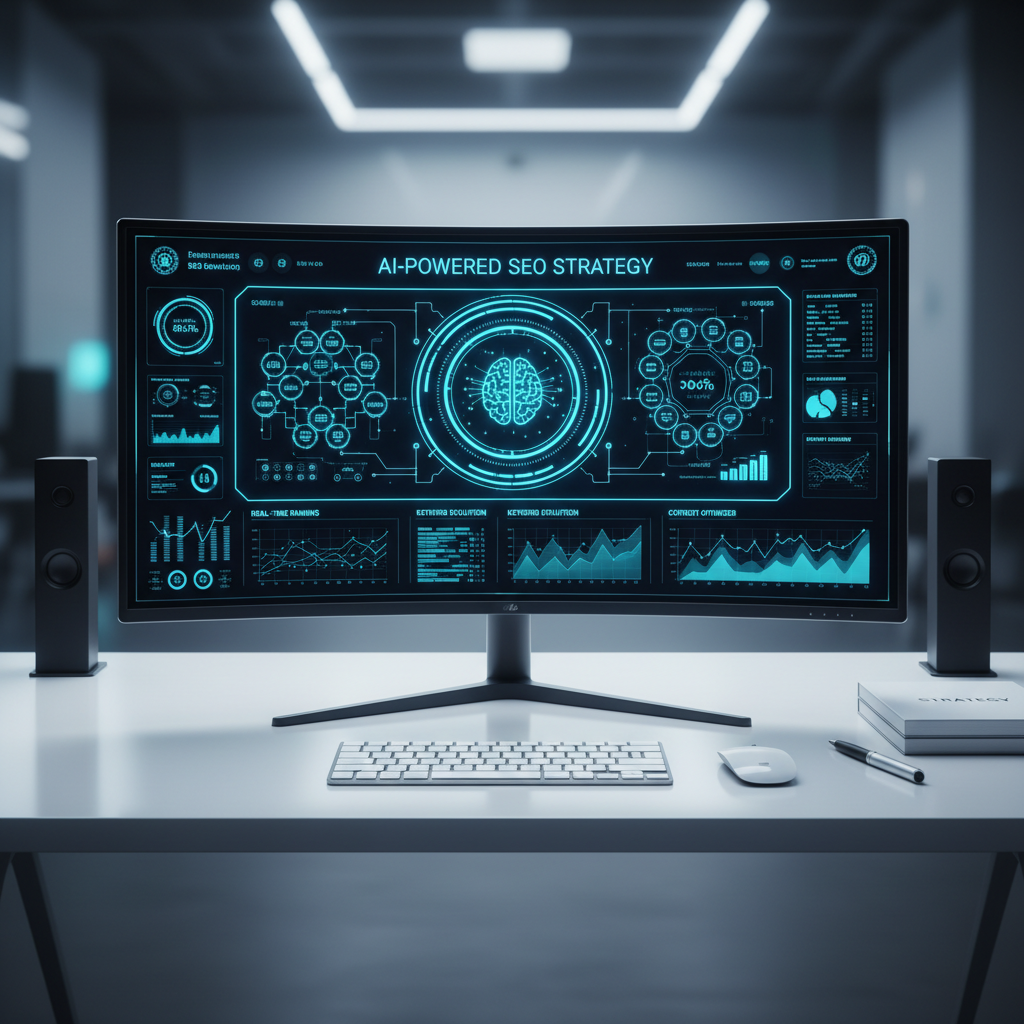 A large, ultra-wide curved monitor displaying a sophisticated SEO and AI search control center, with interconnected diagrams, keyword clusters, and real-time performance metrics in luminous cyan and electric blue on a dark interface. The monitor sits on a clean white desk with a wireless keyboard and mouse, framed by two slim black speakers and a tidy stack of strategy documents. Cool, diffused studio lighting illuminates the workspace, creating soft highlights on the monitor’s bezel and smooth reflections on the desk. Shot from a slightly elevated angle with a centered composition, the scene feels precise, modern, and analytical, emphasizing the power of AI-driven digital strategy in a high-tech, photographic realism style.