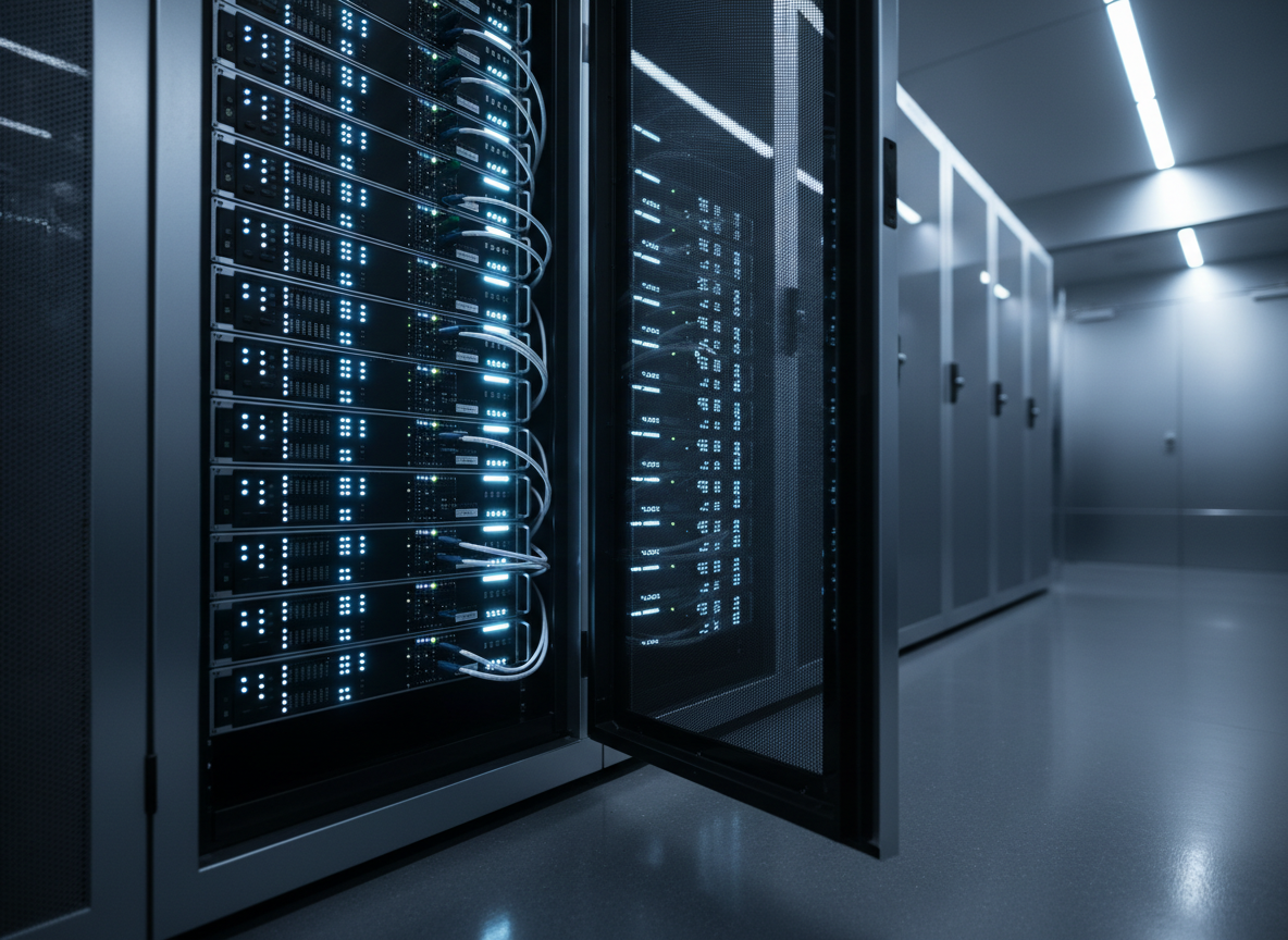 A dark, glossy server rack door partially open to reveal rows of compact AI optimization hardware, each unit featuring subtle LED indicators in soft blue and white, forming a rhythmic pattern. Thin fiber-optic cables glow faintly, weaving organized paths across the interior. The environment is a modern data center with brushed metal surfaces and a highly polished floor that reflects the cool ambient light. Directional overhead lighting creates controlled highlights on metallic edges and gentle gradients across the equipment. Shot from a low, three-quarter angle with a medium depth of field, the foreground components are in sharp focus while the background racks blur slightly. The mood is precise, secure, and high-tech, using photographic realism to communicate the unseen infrastructure powering AI-driven digital consulting.