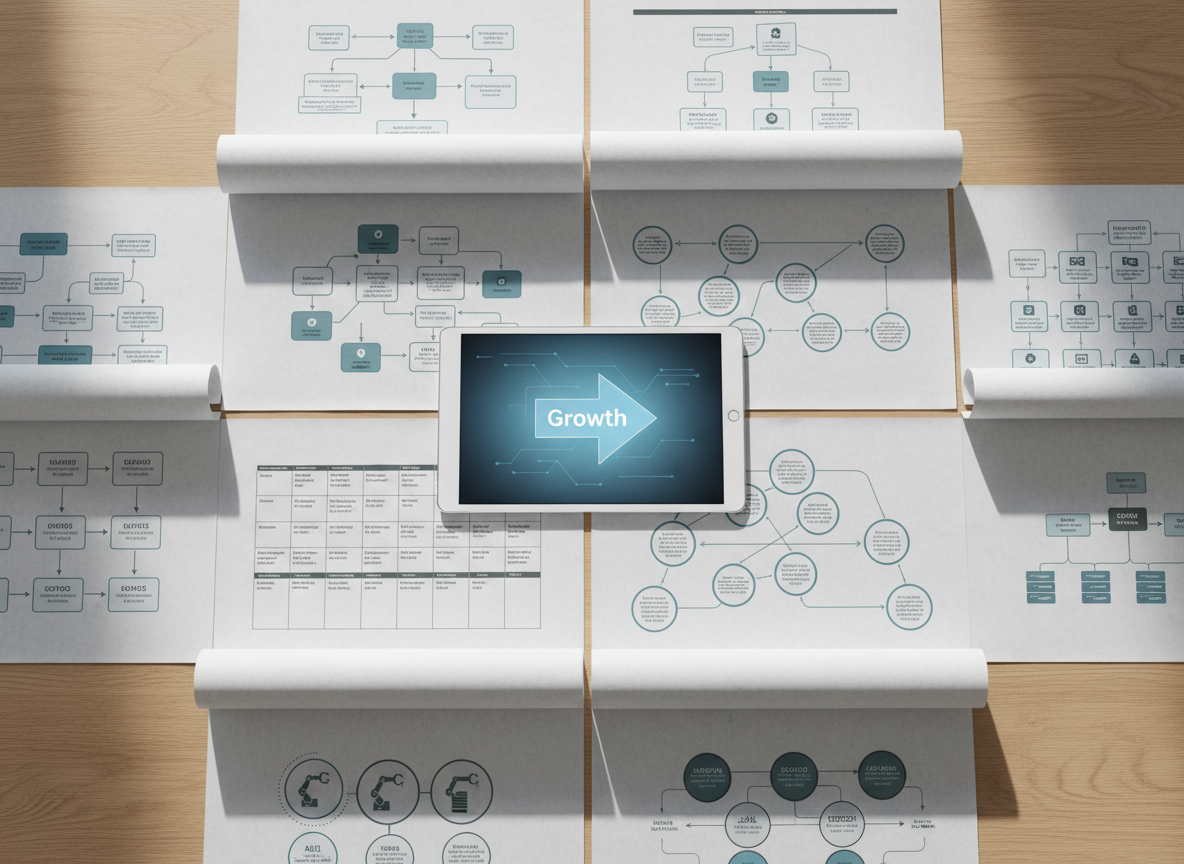 A neatly arranged collection of printed strategy blueprints spread across a light oak table, each page showing flowcharts, content calendars, SEO keyword maps, and AI workflow diagrams in muted blues and charcoal greys. A sleek silver tablet rests at the center, displaying a glowing digital roadmap with a prominent arrow labeled “Growth”. Overhead, soft natural daylight from an unseen skylight evenly illuminates the scene, casting faint, crisp shadows from the paper edges and tablet frame. Captured from a top-down, bird’s eye view, the composition is balanced and organized, exuding a calm, professional mood. The photographic realism emphasizes texture in the paper, the fine print details, and the subtle grain of the wood, symbolizing structured planning for digital growth.